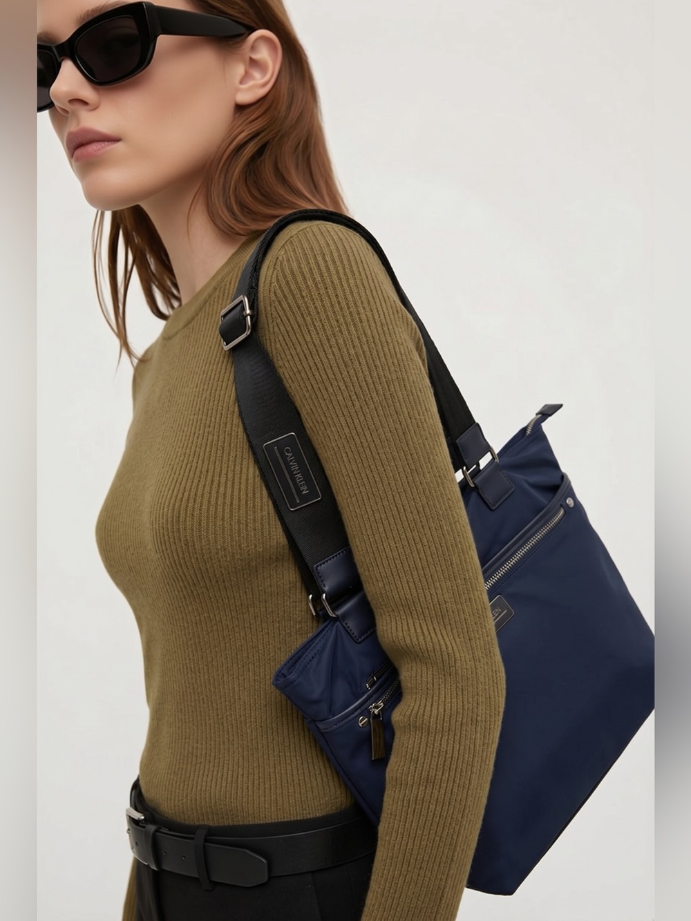 Calvin Klein Sussex north‎ south large tote bag navy blue nylon leather trimmed